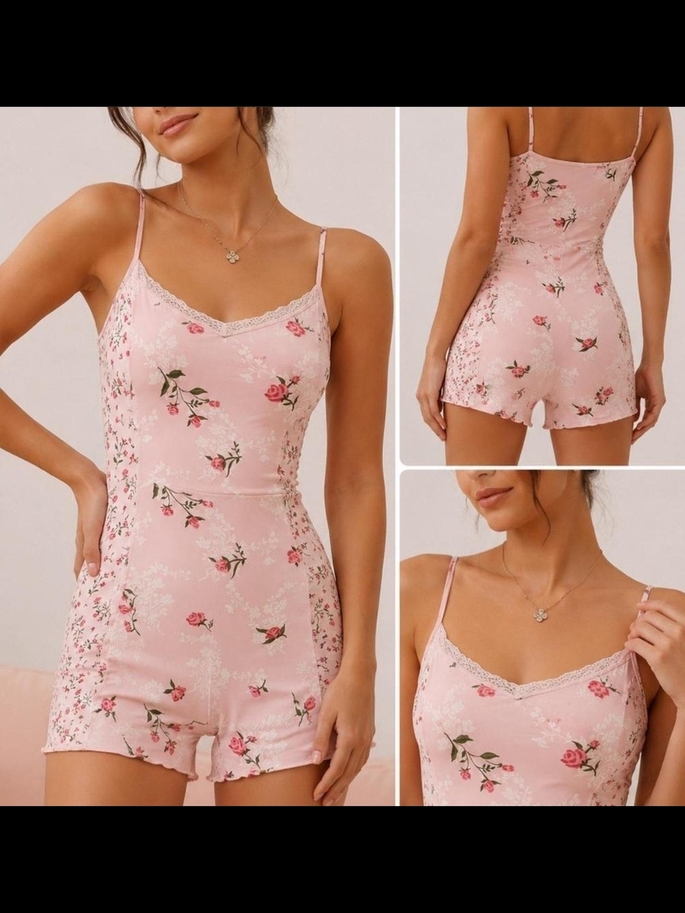 wild fable Pink Floral Lace-Trim Cami Romper